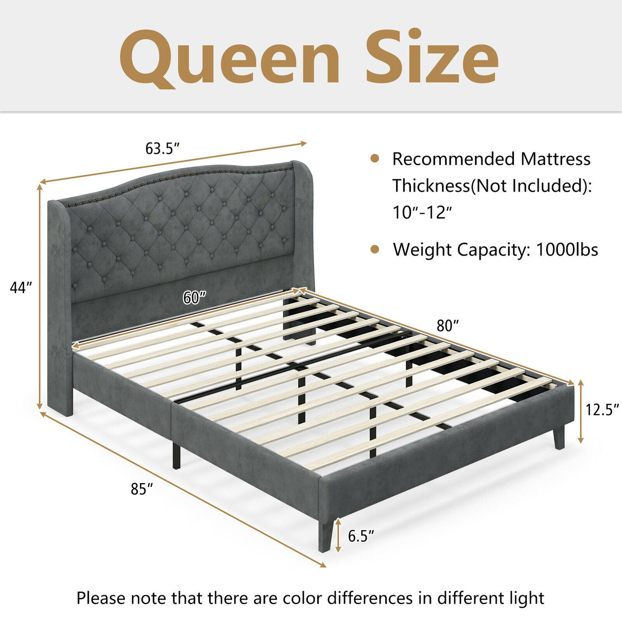 Base de cama de plataforma tapizada tamaño matrimonial/queen con cabecero capitoné