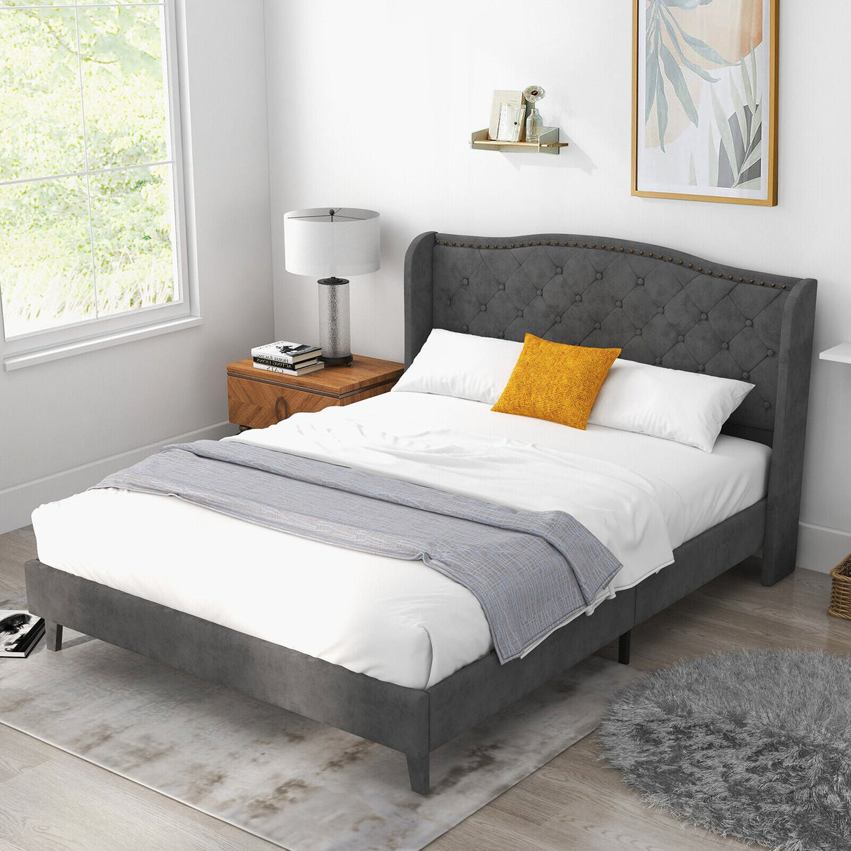 Base de cama de plataforma tapizada tamaño matrimonial/queen con cabecero capitoné