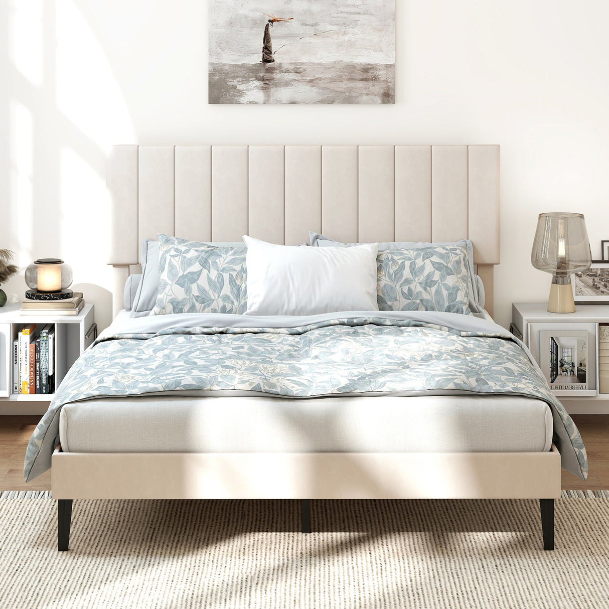 Base de cama de plataforma tapizada en terciopelo tamaño matrimonial