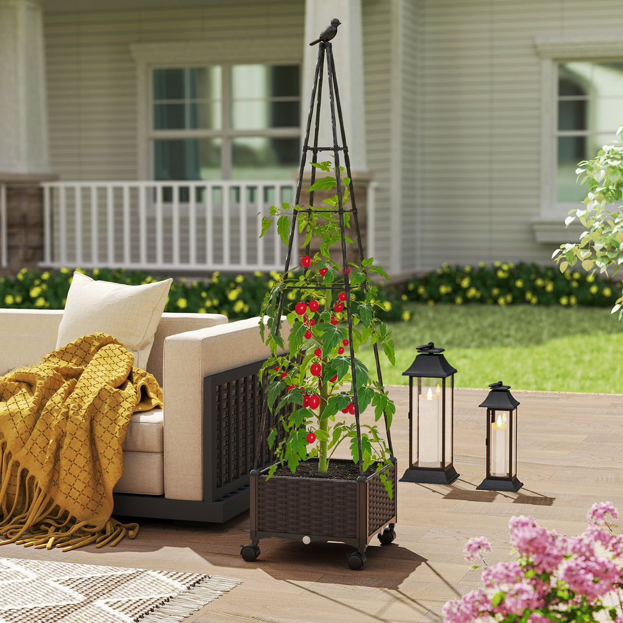Cama de jardín elevada ajustable con jardinera y celosía con ruedas bloqueables