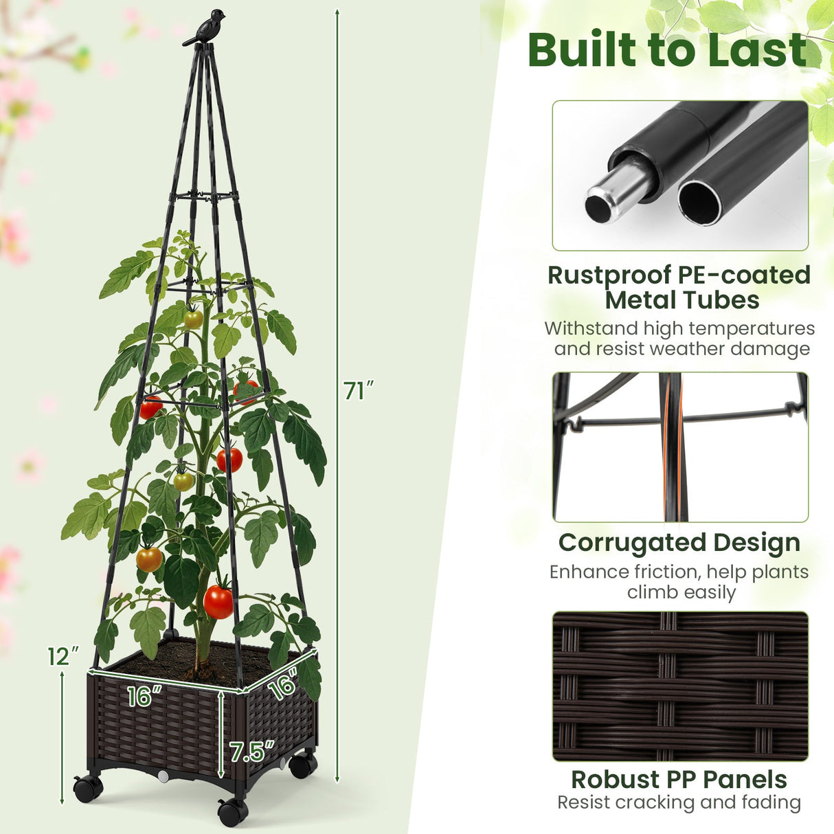Cama de jardín elevada ajustable con jardinera y celosía con ruedas bloqueables
