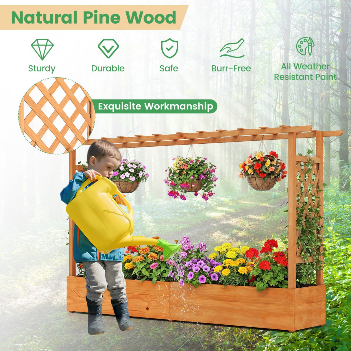 Jardinera elevada con celosía y orificios de drenaje