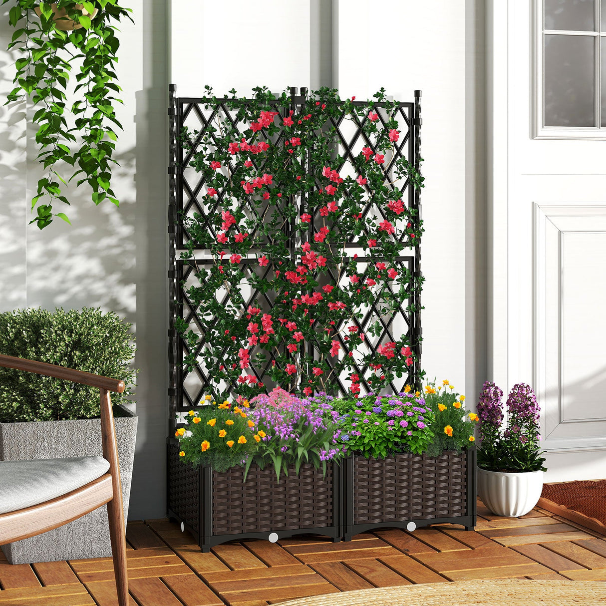 Maceta elevada con celosía, drenaje, riego automático y plantadores verticales elevados - Negro