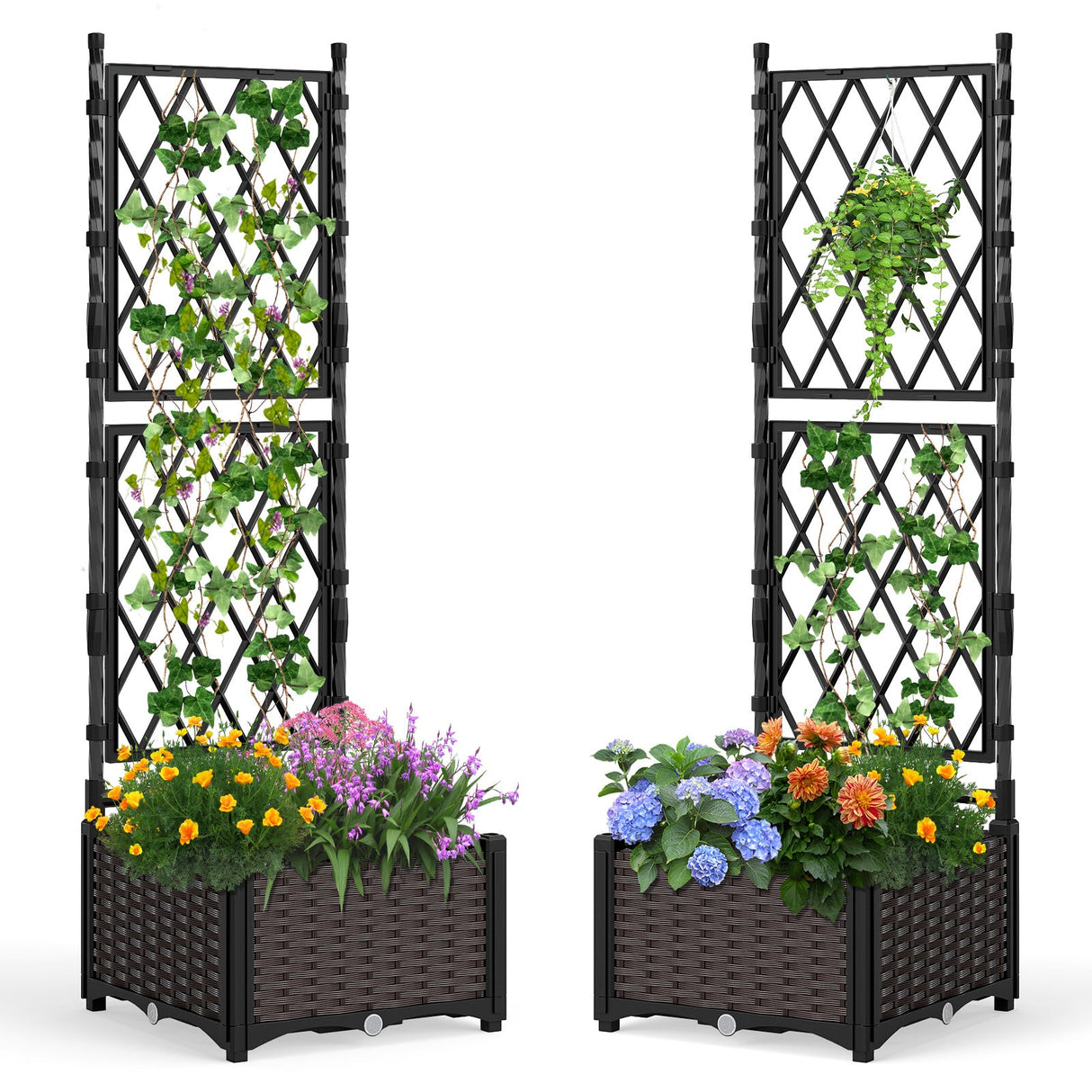 Maceta elevada con celosía, drenaje, riego automático y plantadores verticales elevados - Negro