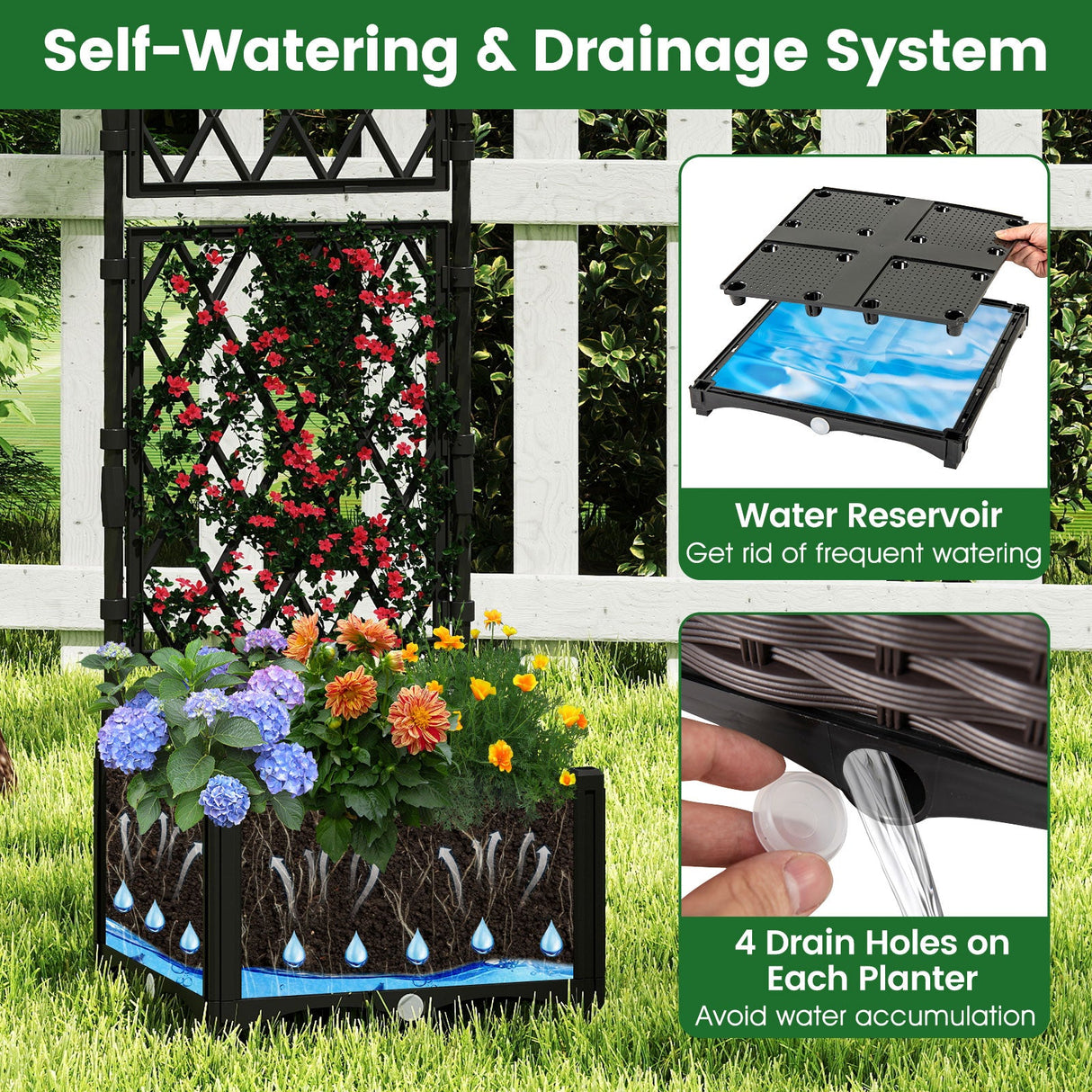 Maceta elevada con celosía, drenaje, riego automático y plantadores verticales elevados - Negro