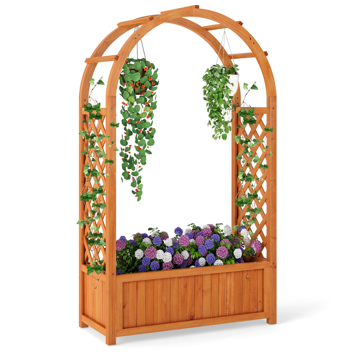 Cama de jardín elevada con celosía, techo arqueado, jardinera elevada de madera - Marrón