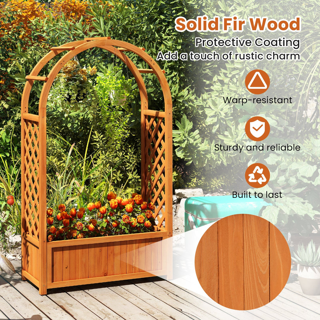 Cama de jardín elevada con celosía, techo arqueado, jardinera elevada de madera - Marrón