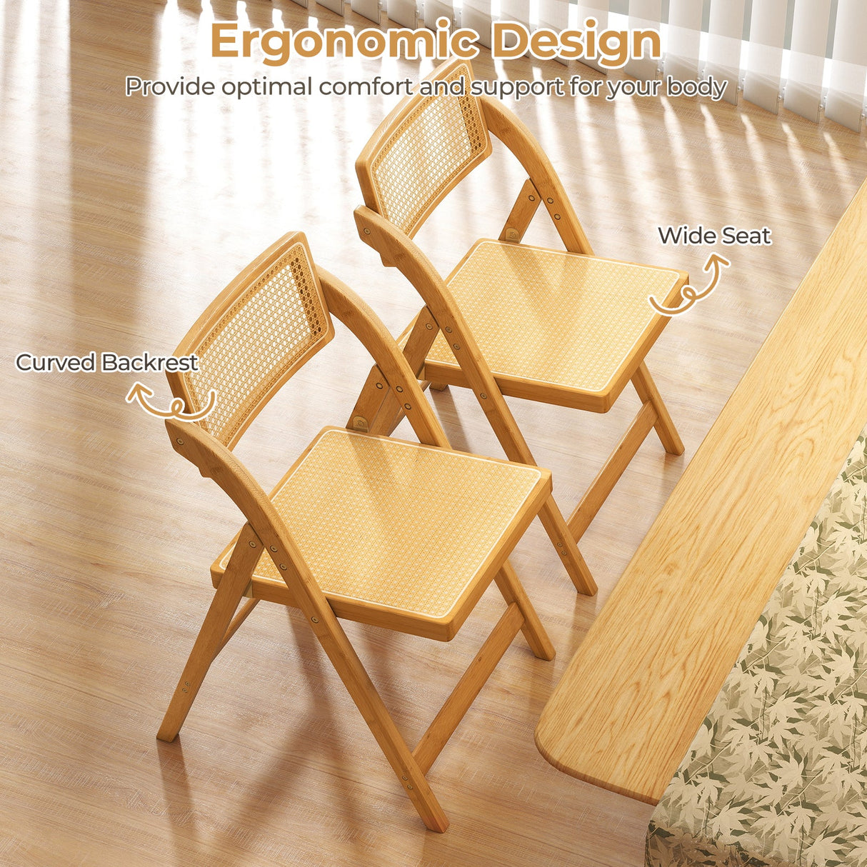 Juego de 2 sillas de comedor plegables de ratán con respaldo giratorio - Natural