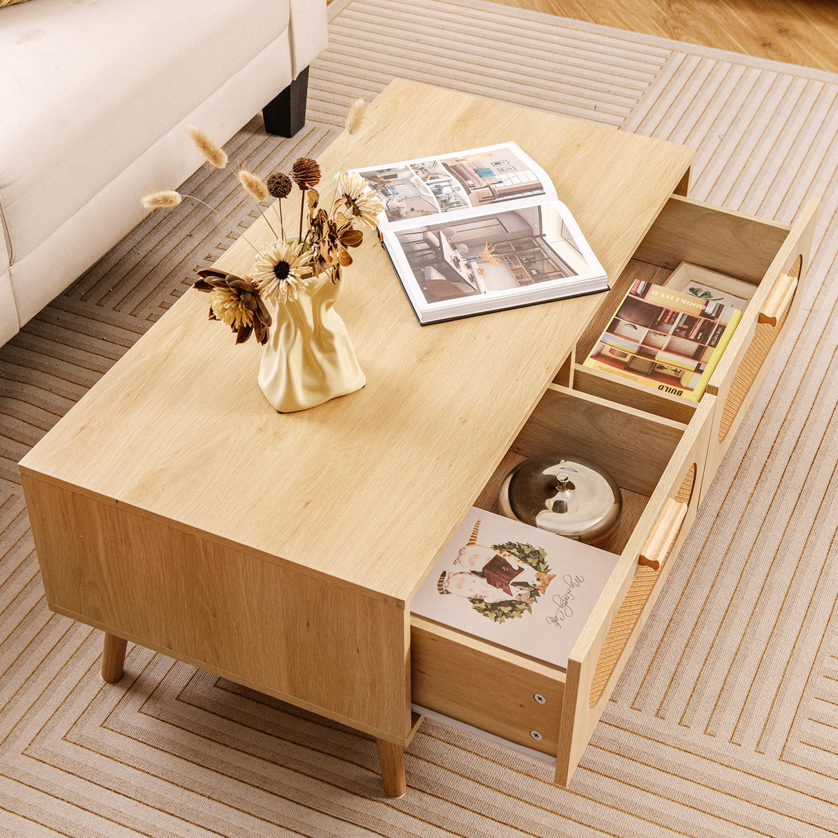 Rattan Coffee Table Mid Century Modern Center Table with 2 Storage Drawers-Natural