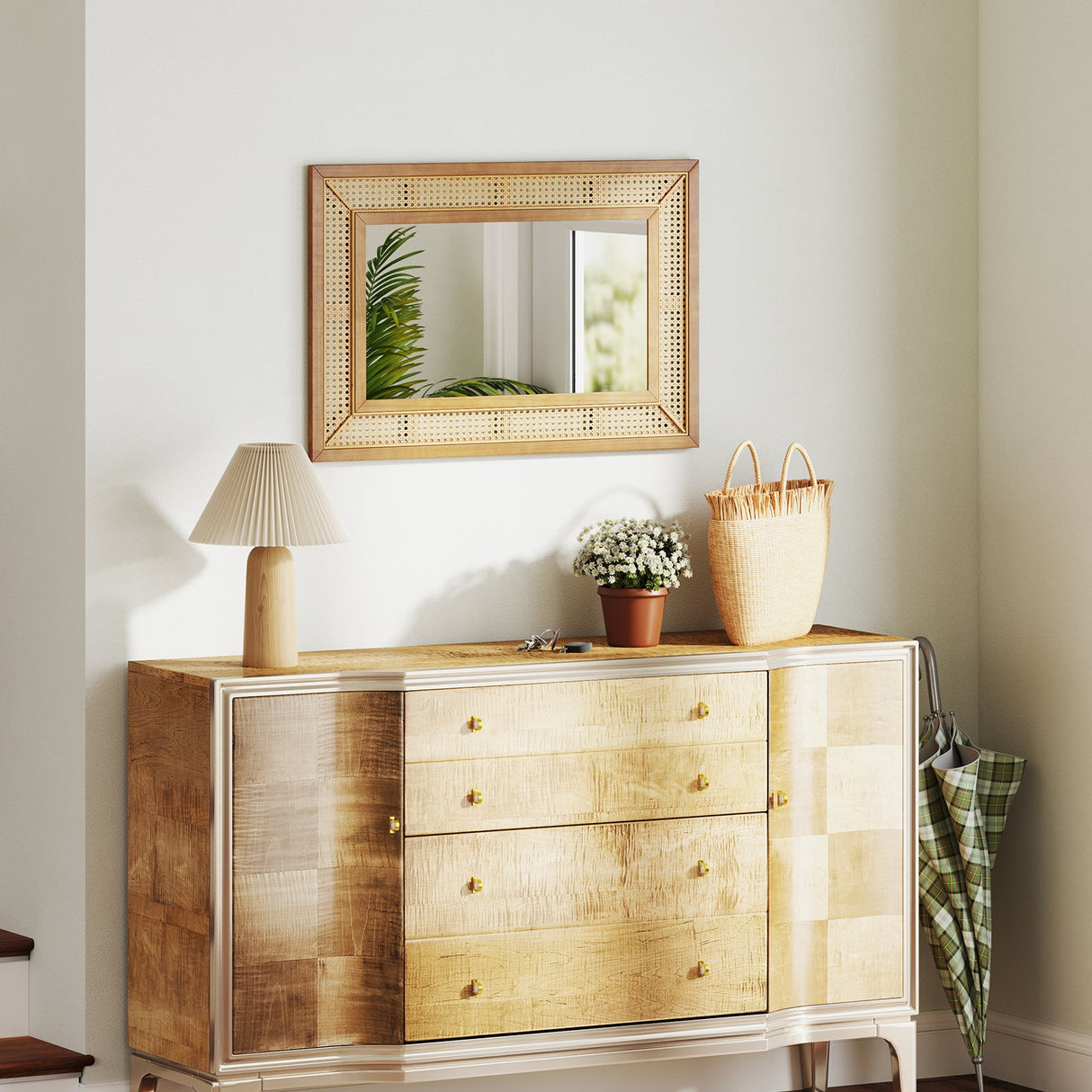 Espejo decorativo de pared de ratán con marco de madera para baño y sala de estar - Natural