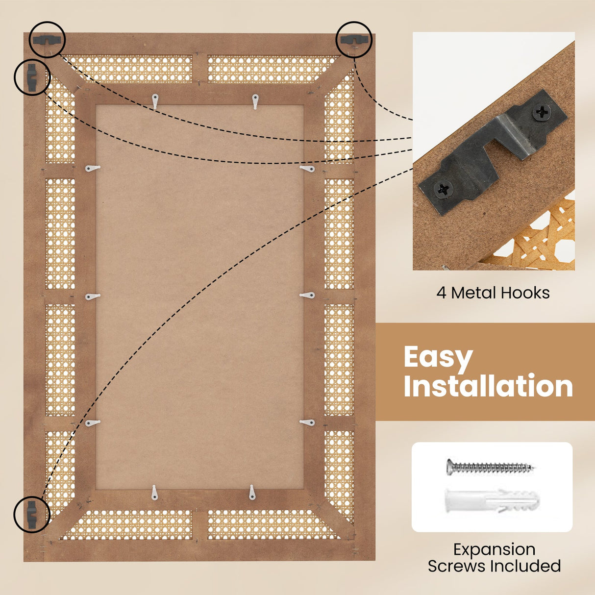 Espejo decorativo de pared de ratán con marco de madera para baño y sala de estar - Natural