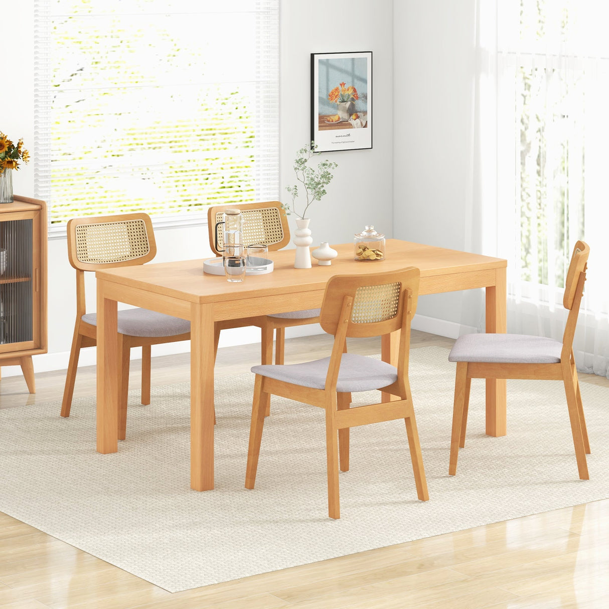 Juego de 2 sillas de comedor de ratán con respaldo de caña y estructura de madera de caucho - Natural