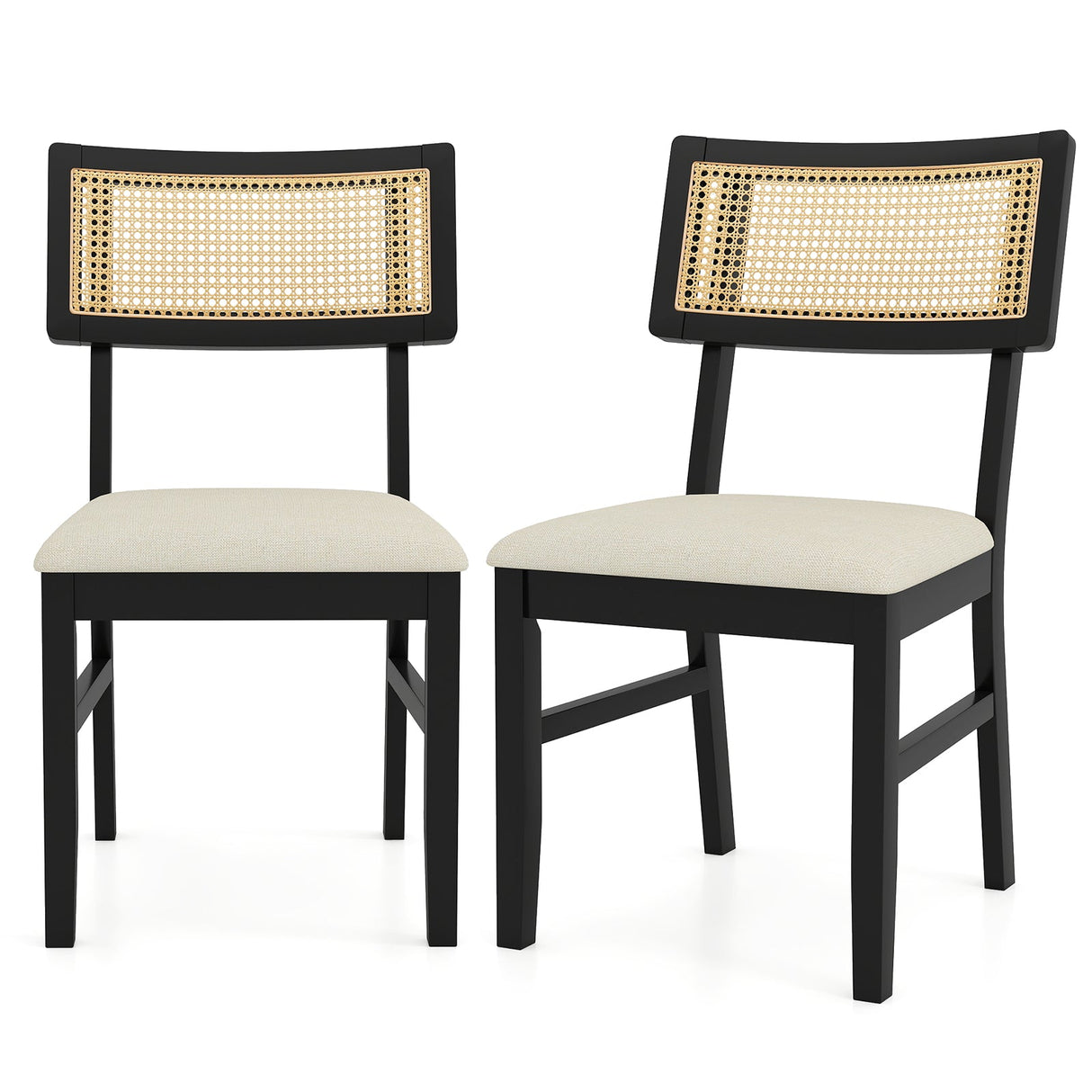 Juego de 2 sillas de comedor de ratán, sillas de cocina tapizadas en tela con asiento acolchado y patas de madera de caucho - Negro