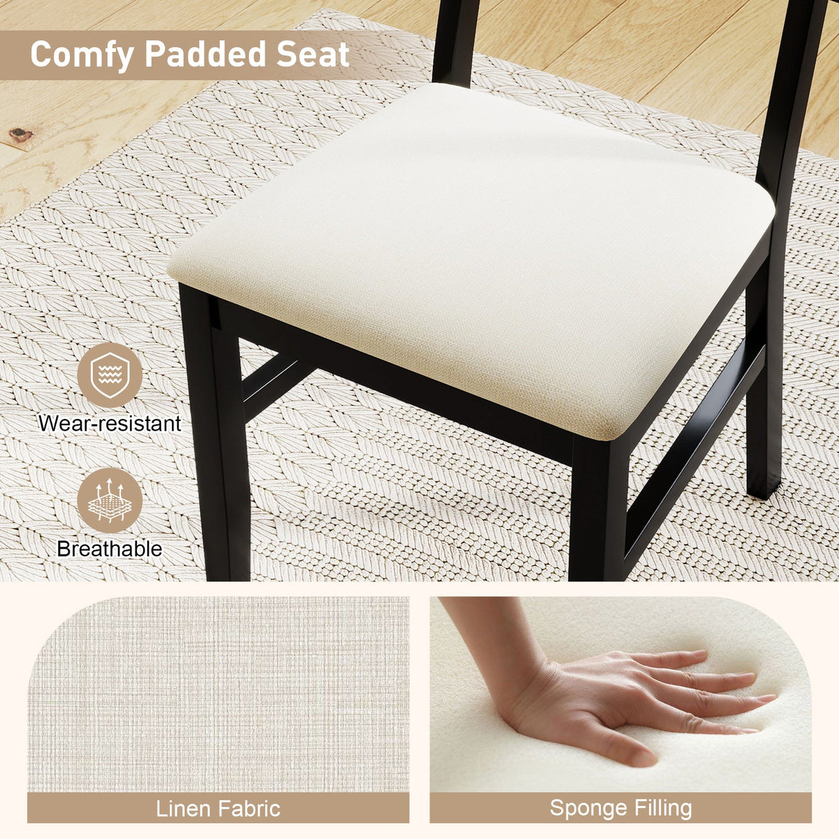 Juego de 2 sillas de comedor de ratán, sillas de cocina tapizadas en tela con asiento acolchado y patas de madera de caucho - Negro