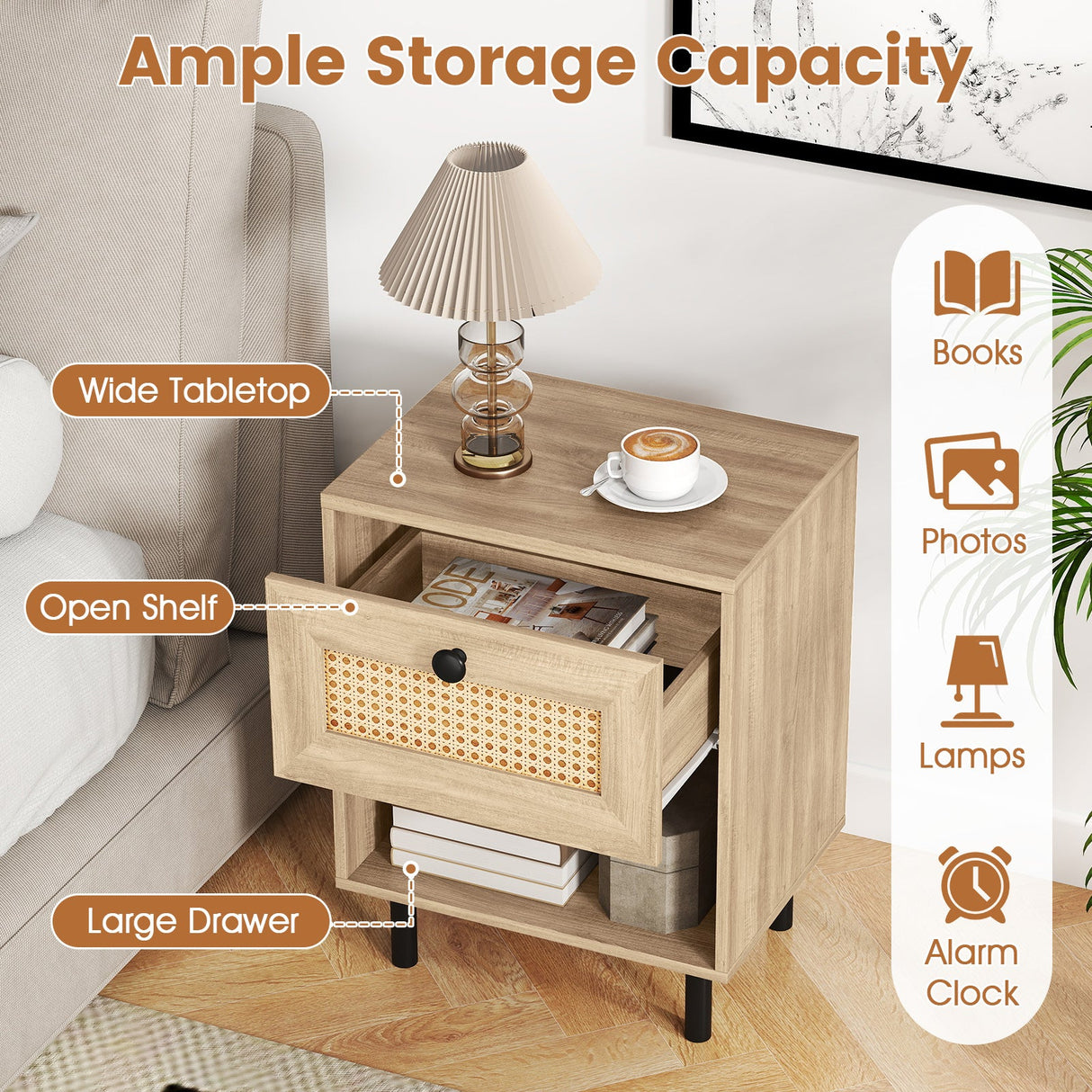Rattan Nightstand Boho End Table with Rattan Drawer and Open Shelf