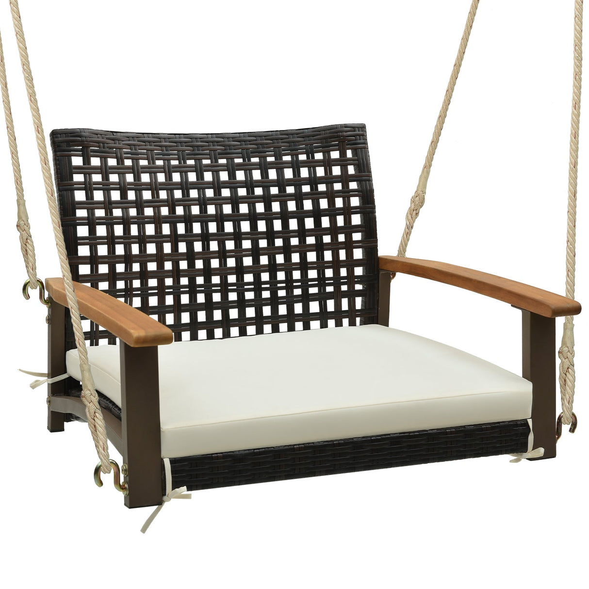 Columpio individual de mimbre para porche con apoyabrazos, cojín y cuerdas para colgar - Blanco