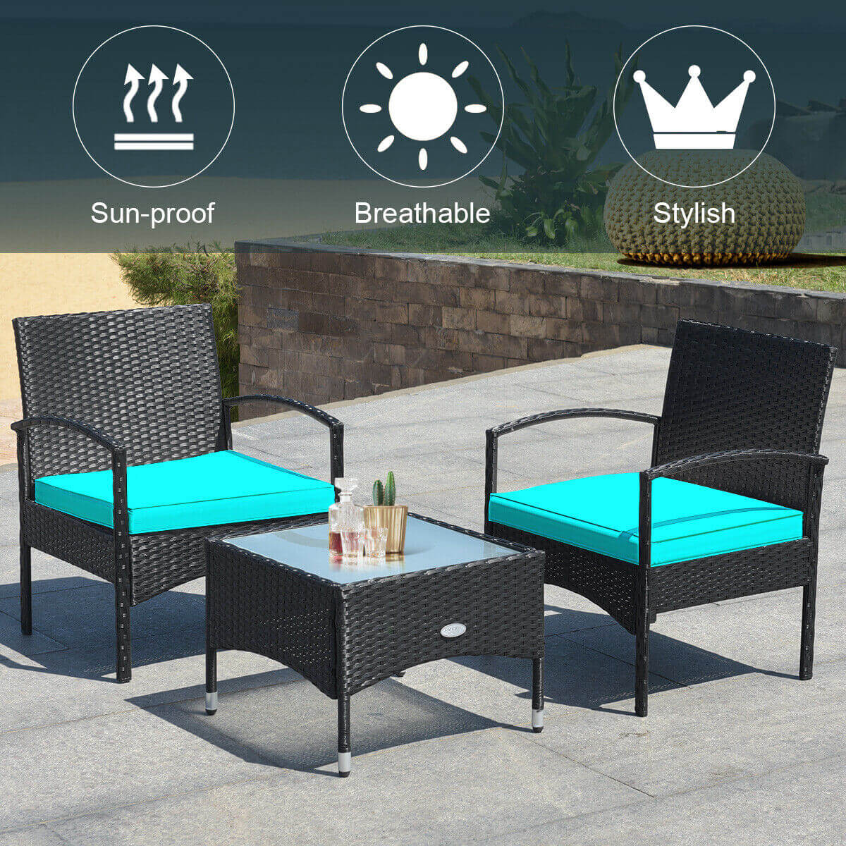 Juego de muebles de patio de ratán de mimbre de 3 piezas con cojín para jardín trasero