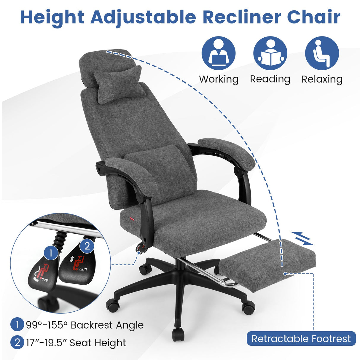 Sillón reclinable de oficina Tapizado en tela chenilla Silla de escritorio de computadora - Gris