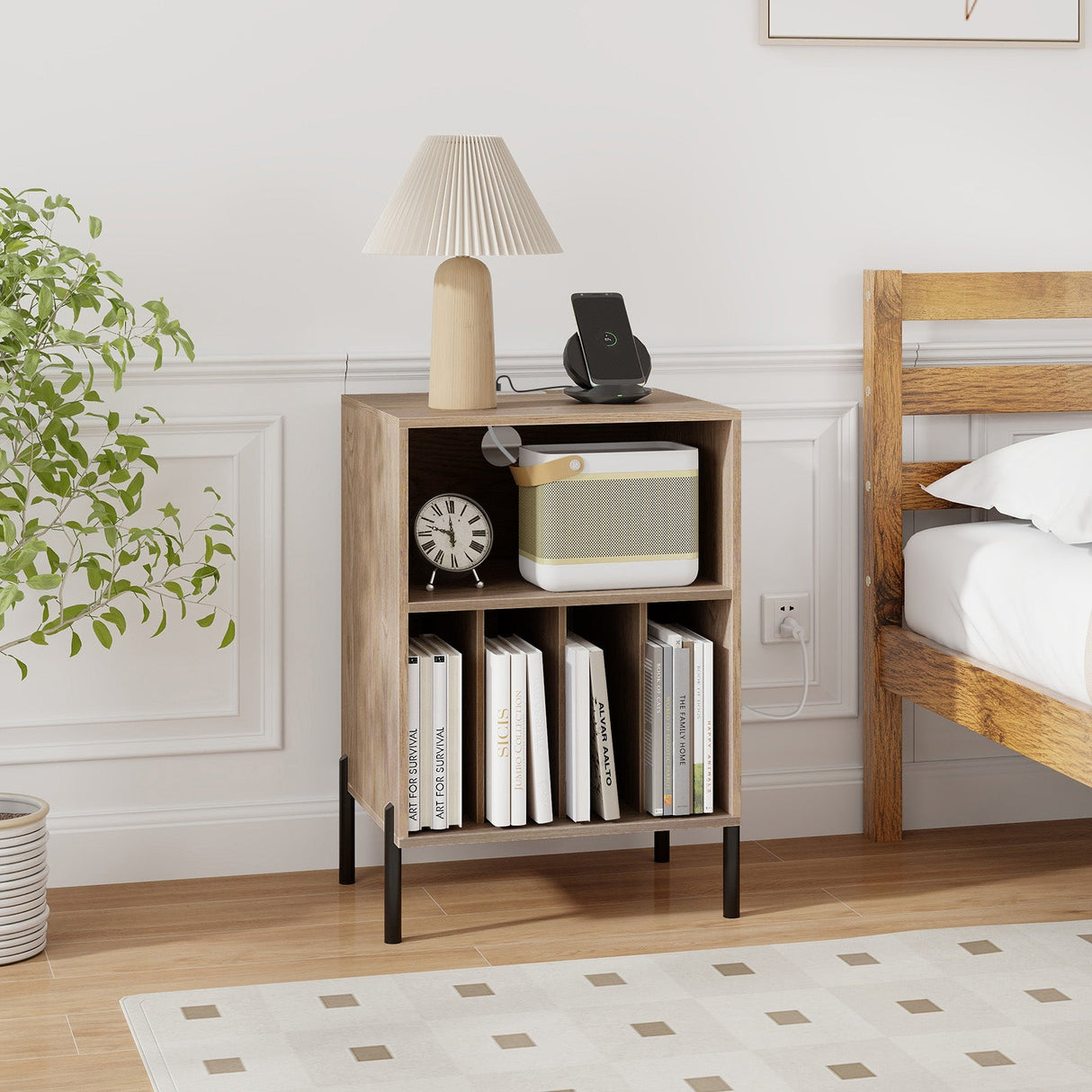 Mueble para tocadiscos con estante para discos y estación de carga