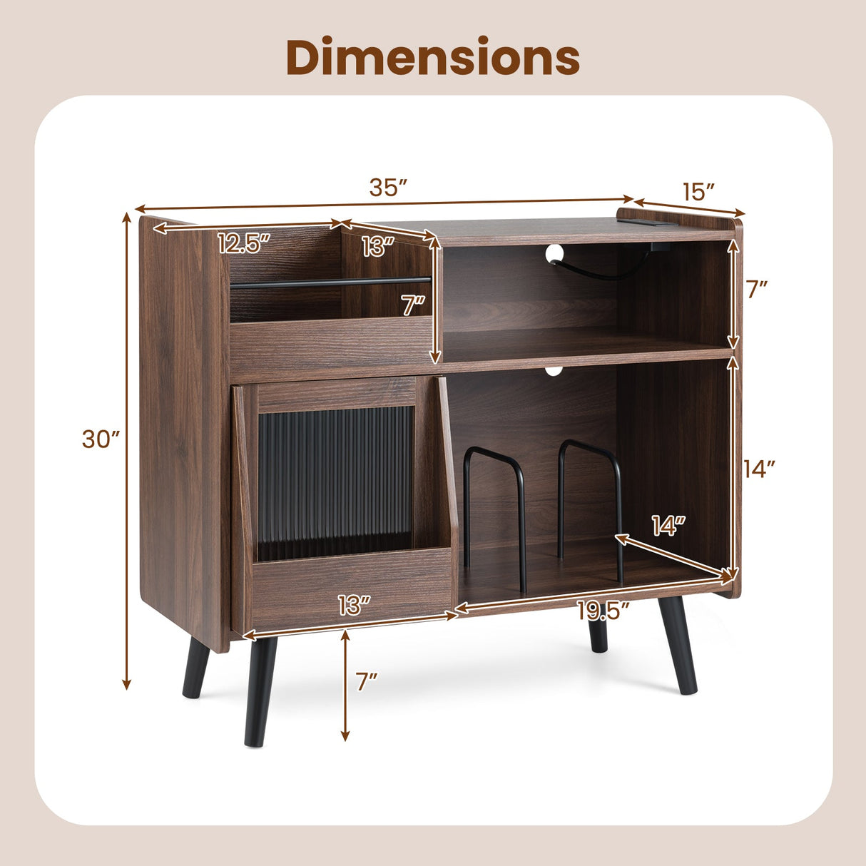 Soporte para tocadiscos con luz LED y tomas de corriente, mueble grande para tocadiscos con puerta corrediza - Marrón