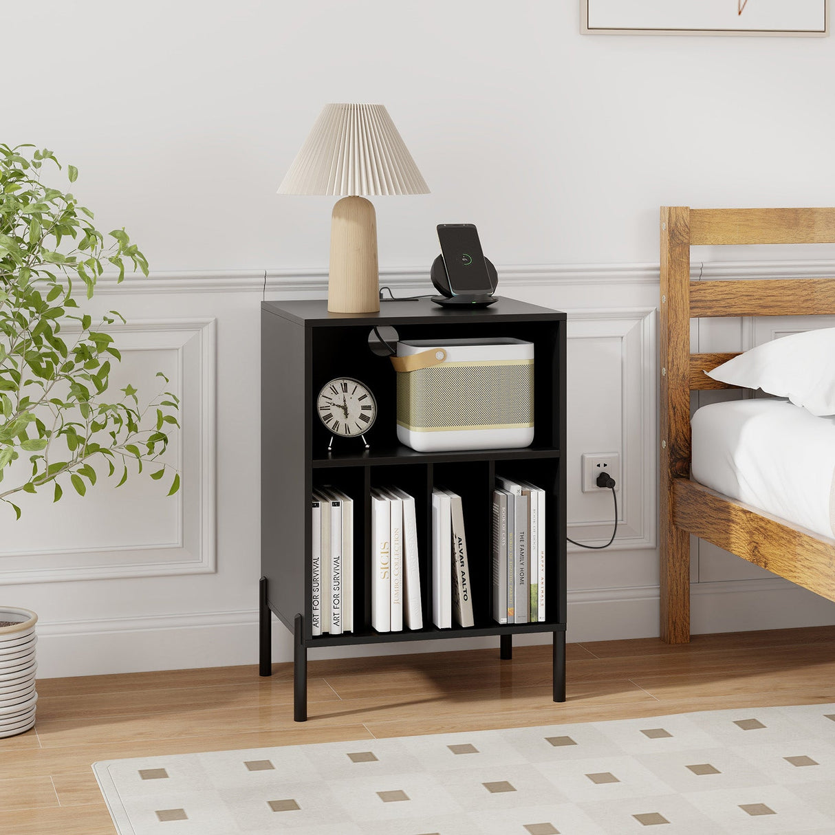 Mueble para tocadiscos con estante para discos y estación de carga
