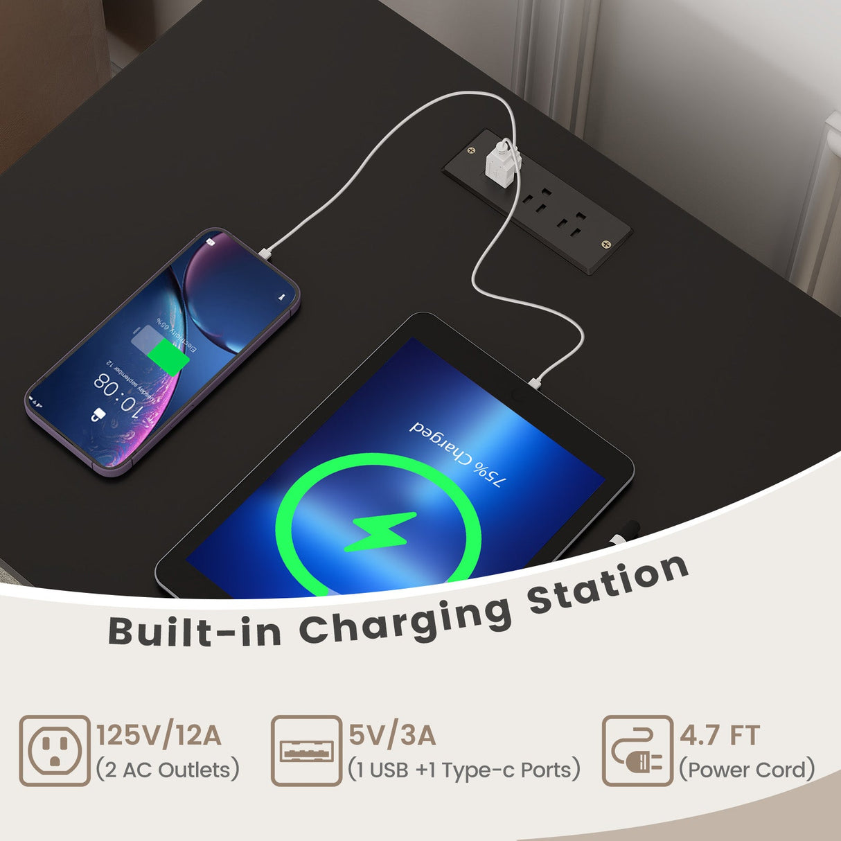Mueble para tocadiscos con estante para discos y estación de carga