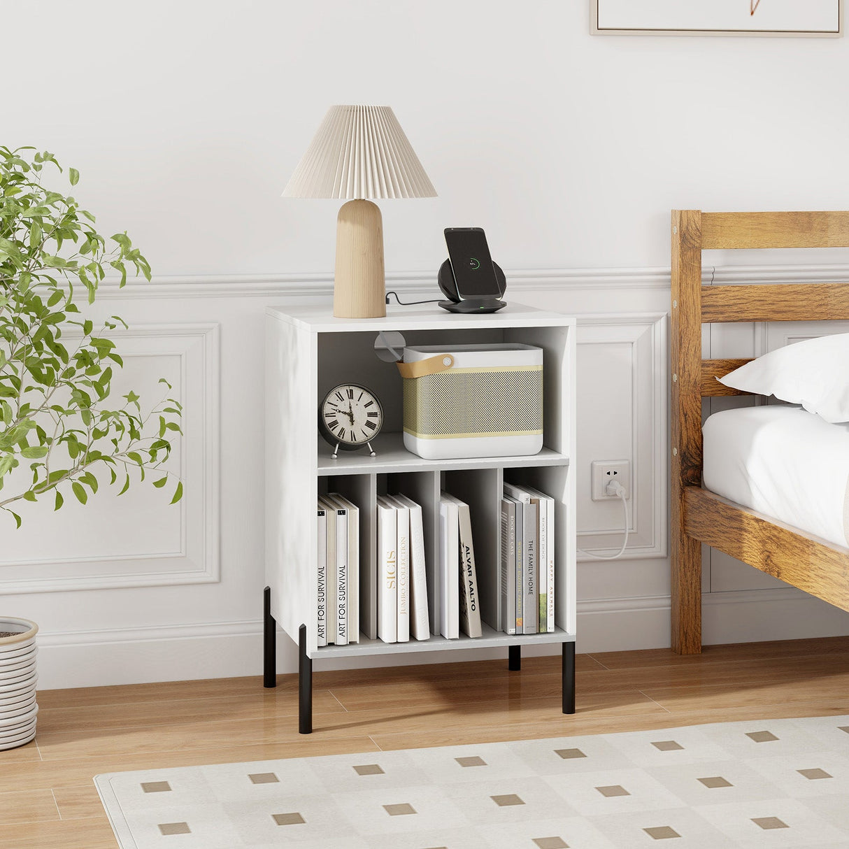 Mueble para tocadiscos con estante para discos y estación de carga