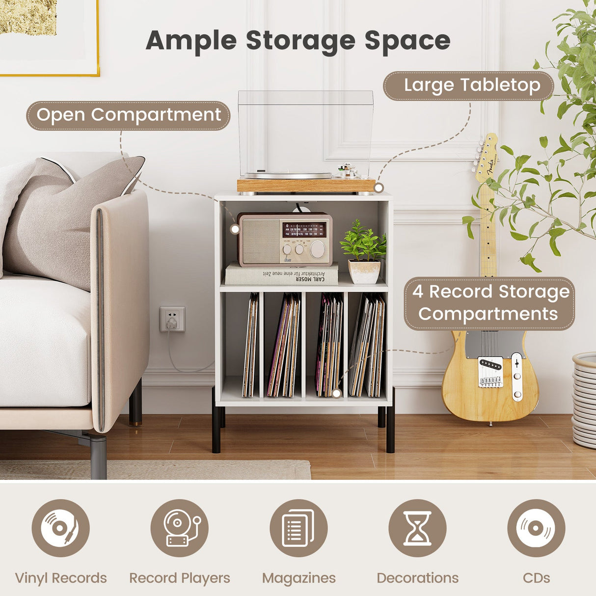 Mueble para tocadiscos con estante para discos y estación de carga