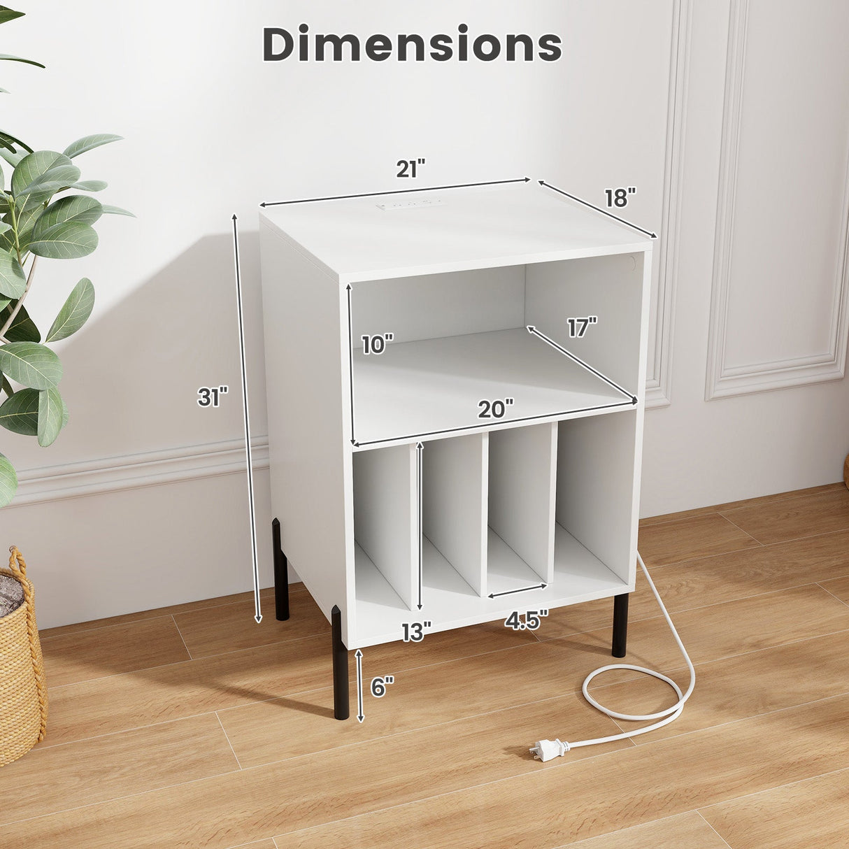 Mueble para tocadiscos con estante para discos y estación de carga