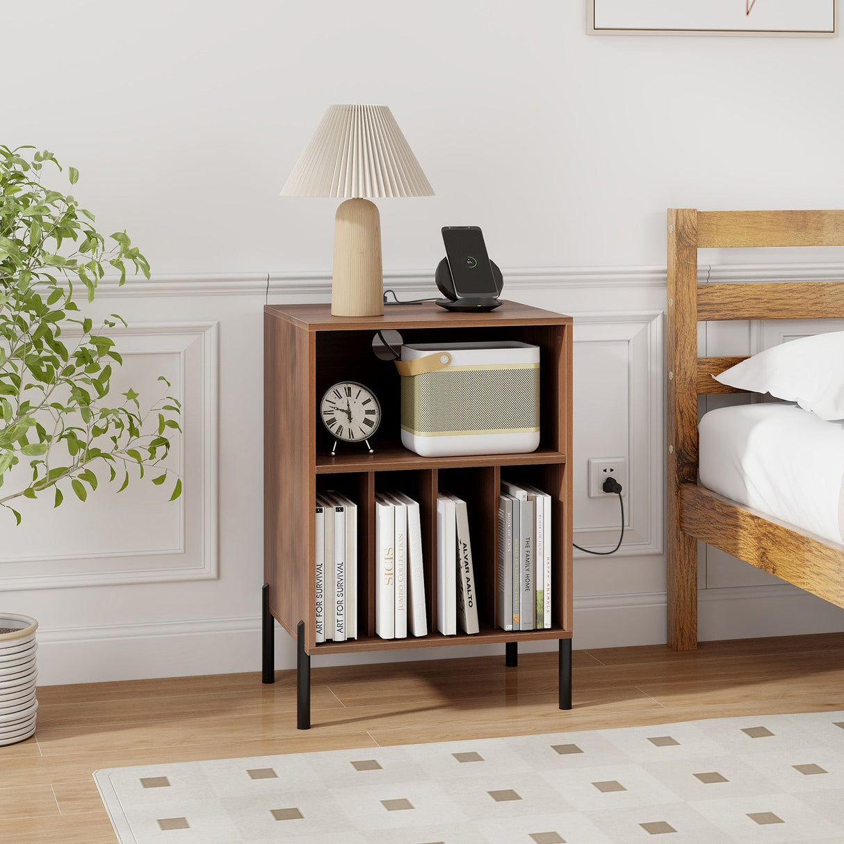 Mueble para tocadiscos con estante para discos y estación de carga