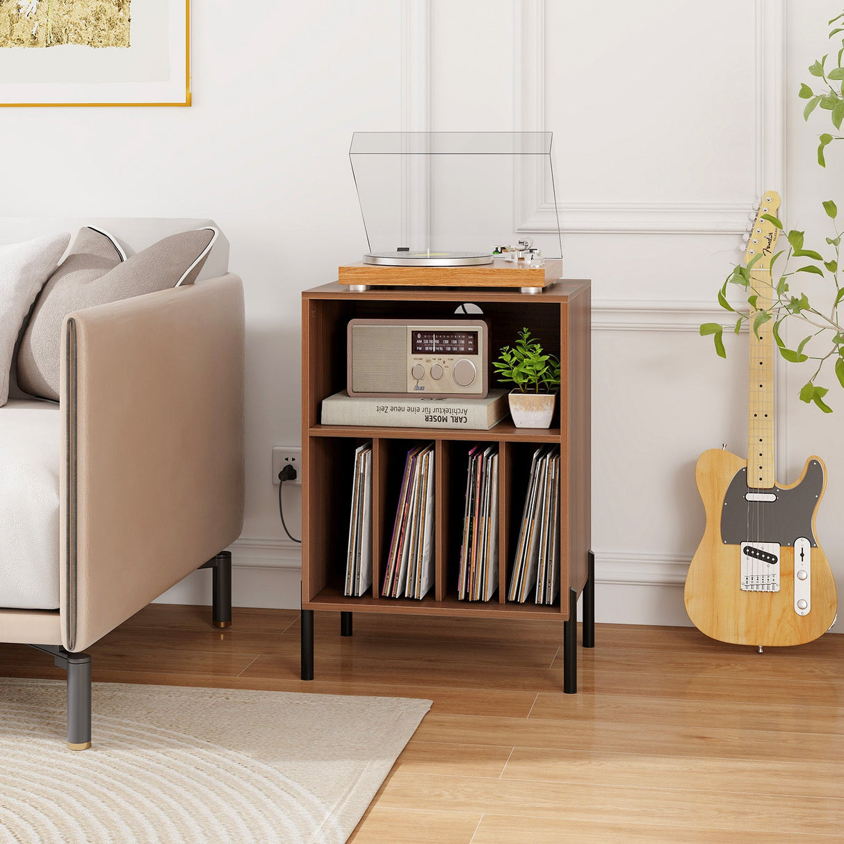 Mueble para tocadiscos con estante para discos y estación de carga