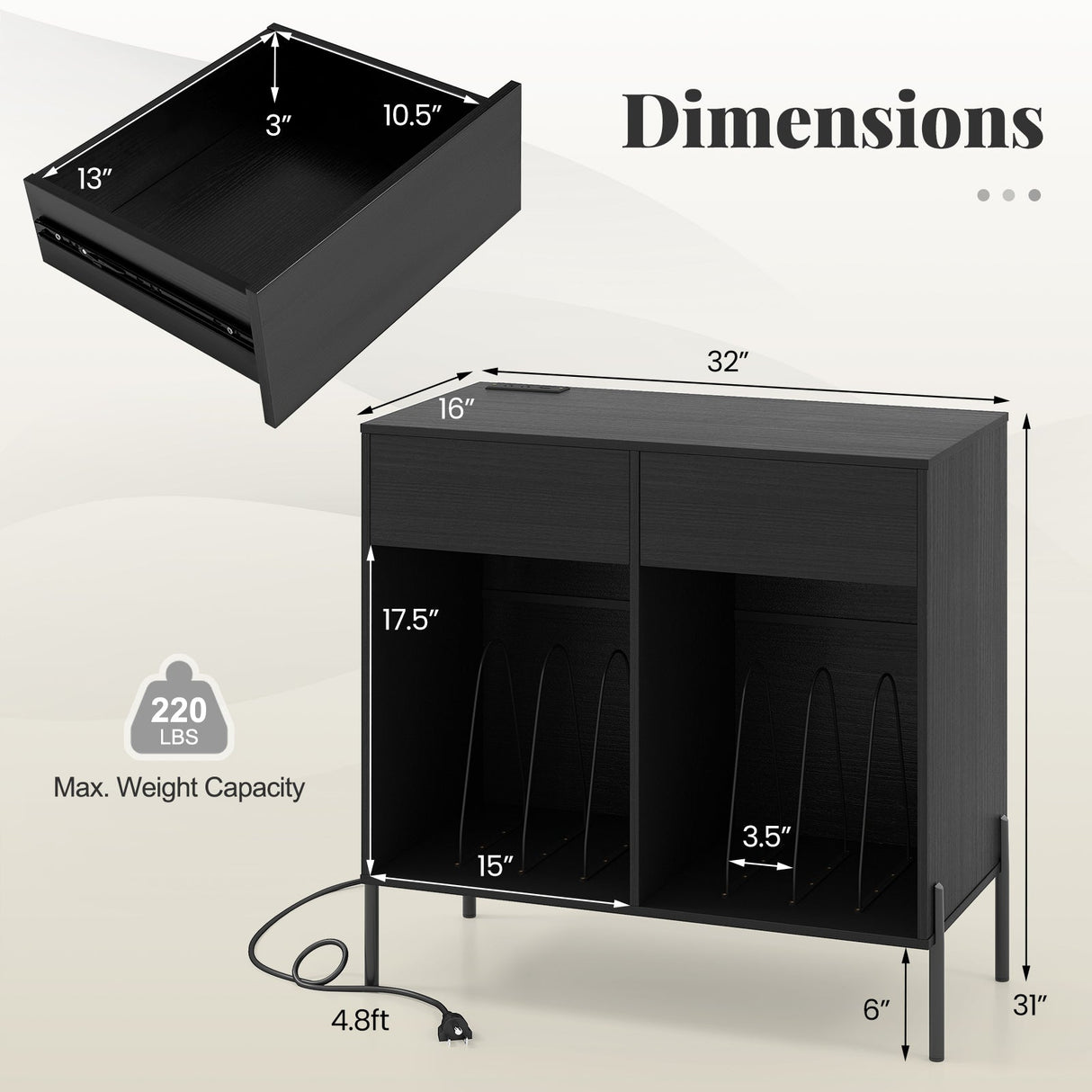 Mueble para tocadiscos con enchufes, mueble doble ancho para tocadiscos, mesa para almacenar discos de vinilo