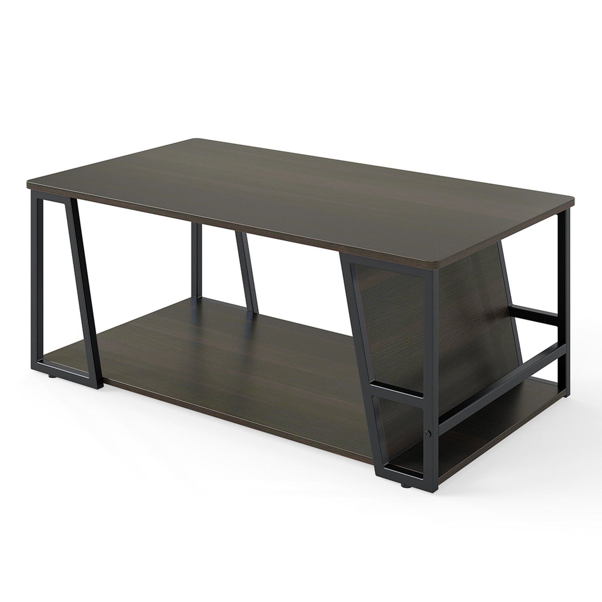 Mesa de centro rectangular de 2 niveles, mesa auxiliar industrial con estante de almacenamiento y compartimento
