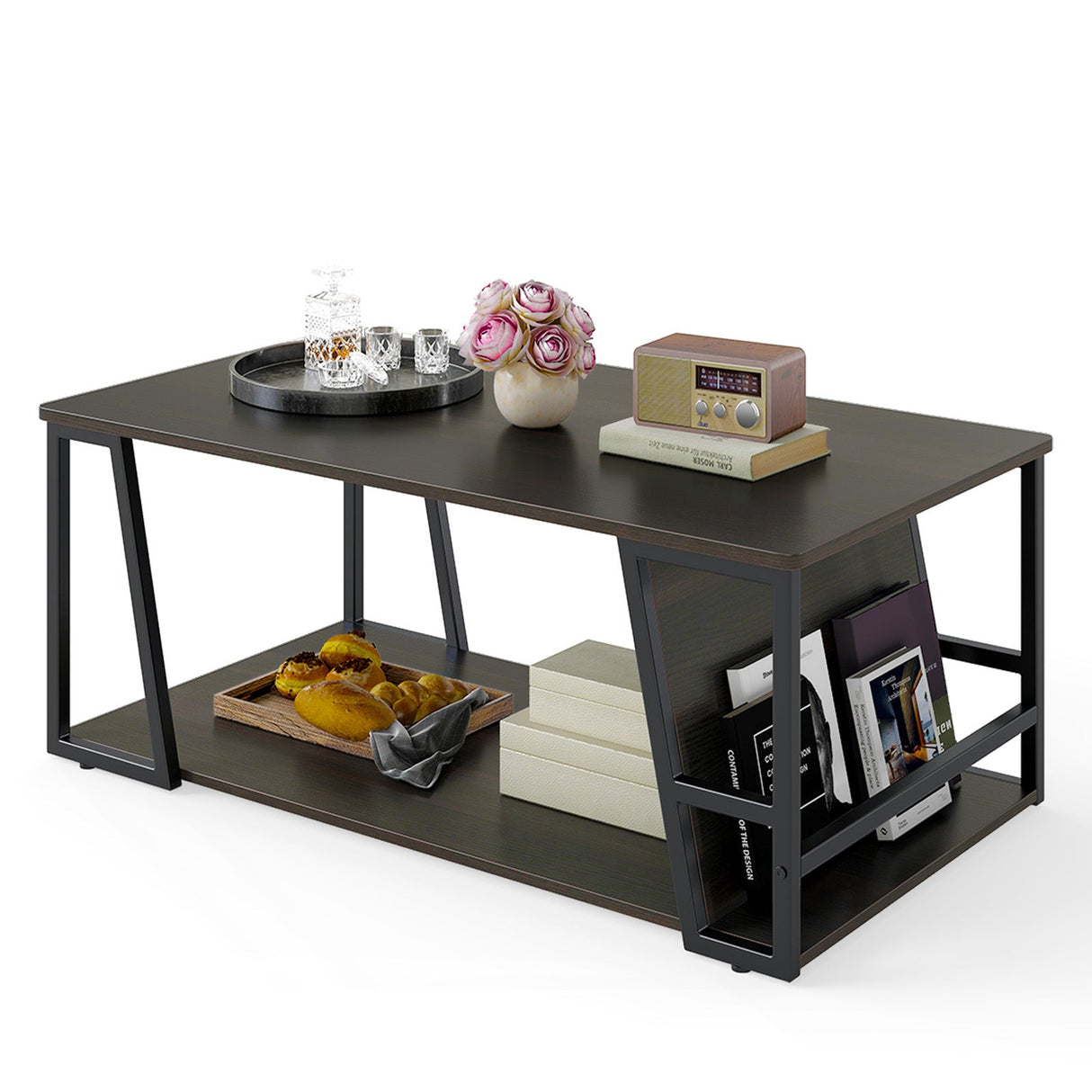 Mesa de centro rectangular de 2 niveles, mesa auxiliar industrial con estante de almacenamiento y compartimento