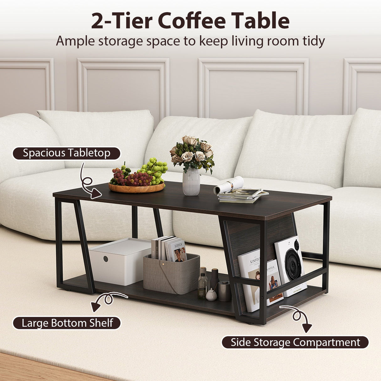 Mesa de centro rectangular de 2 niveles, mesa auxiliar industrial con estante de almacenamiento y compartimento
