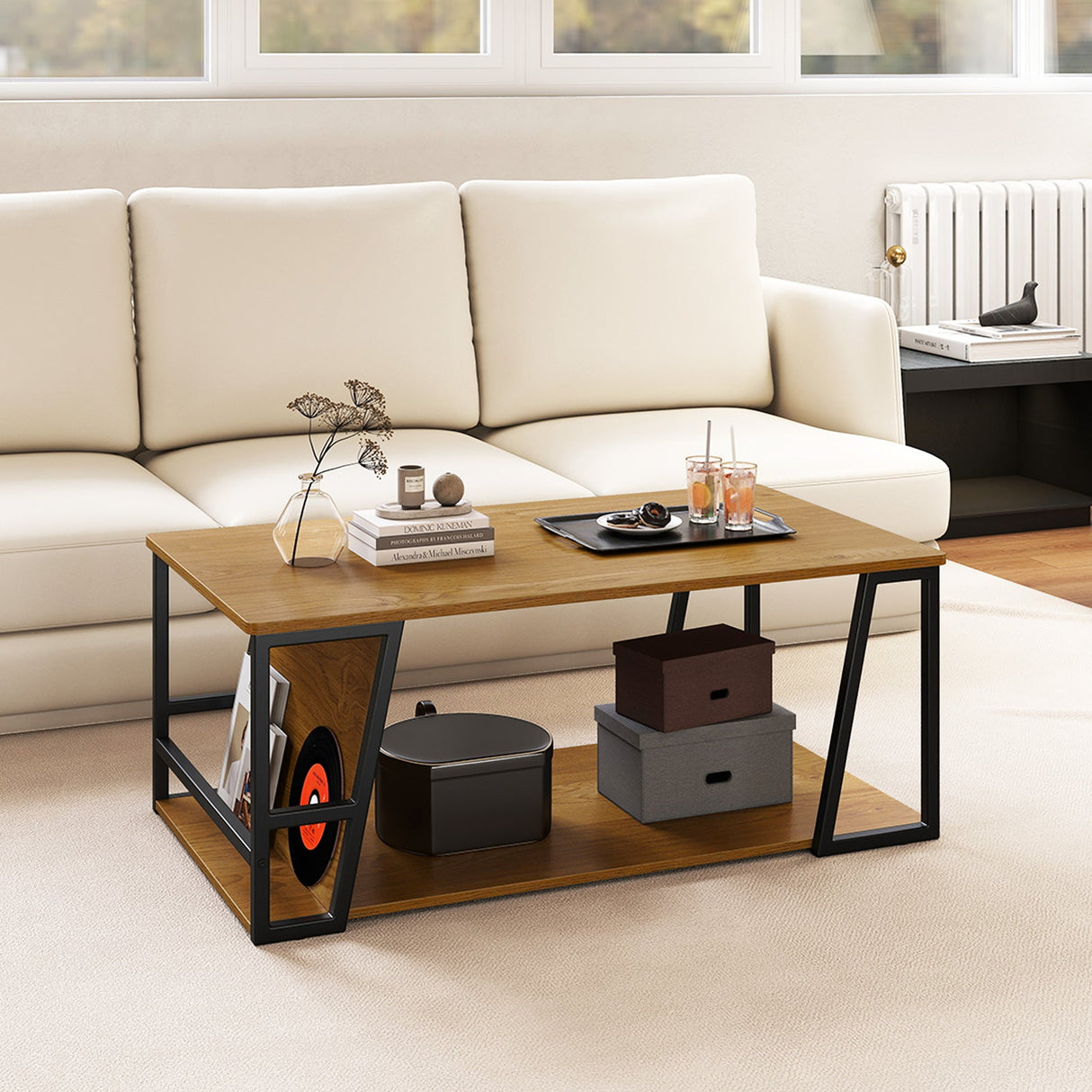 Mesa de centro rectangular de 2 niveles, mesa auxiliar industrial con estante de almacenamiento y compartimento
