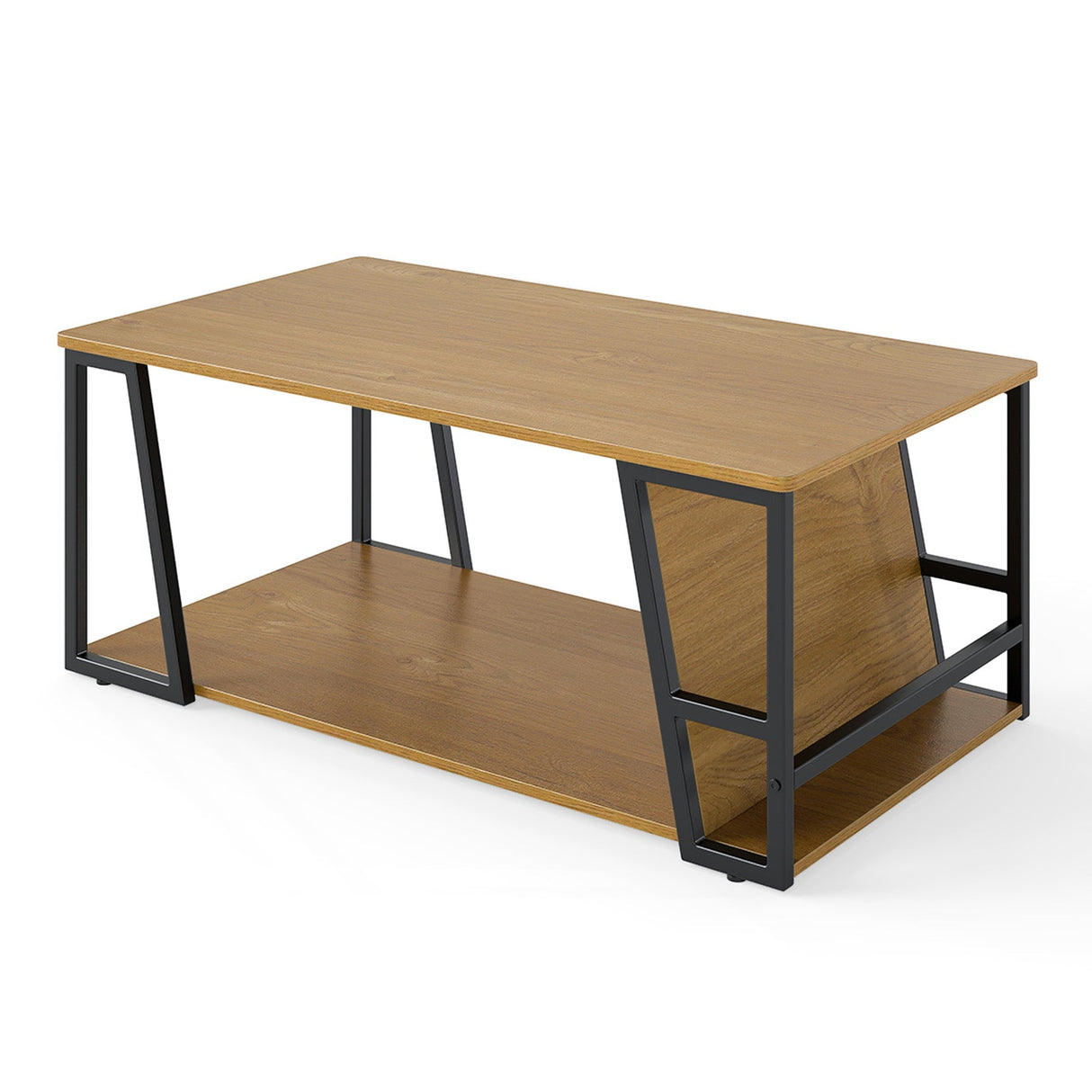 Mesa de centro rectangular de 2 niveles, mesa auxiliar industrial con estante de almacenamiento y compartimento