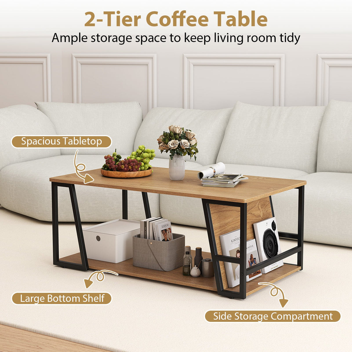 Mesa de centro rectangular de 2 niveles, mesa auxiliar industrial con estante de almacenamiento y compartimento