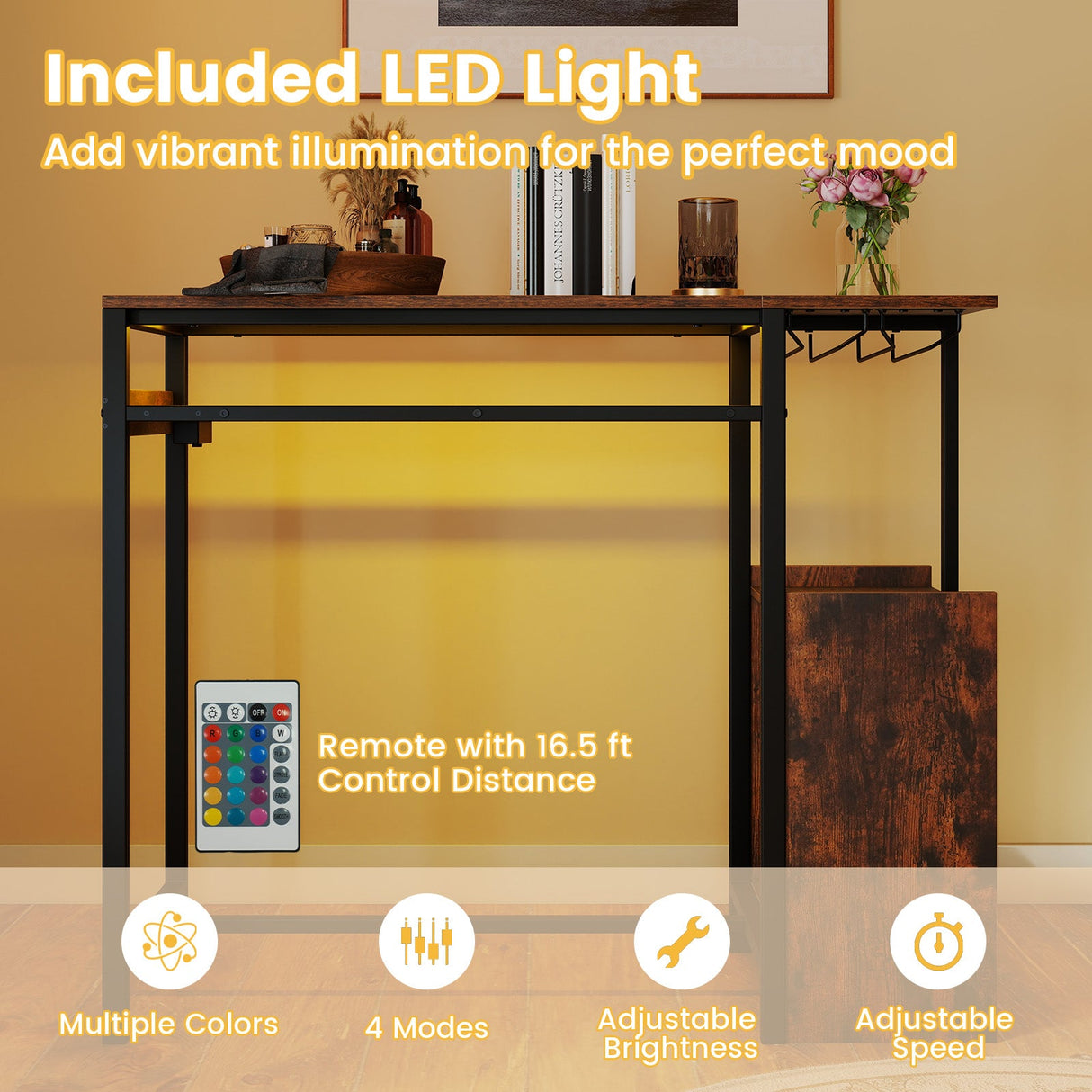 Mesa de bar rectangular con estación de carga y luz LED - Marrón rústico