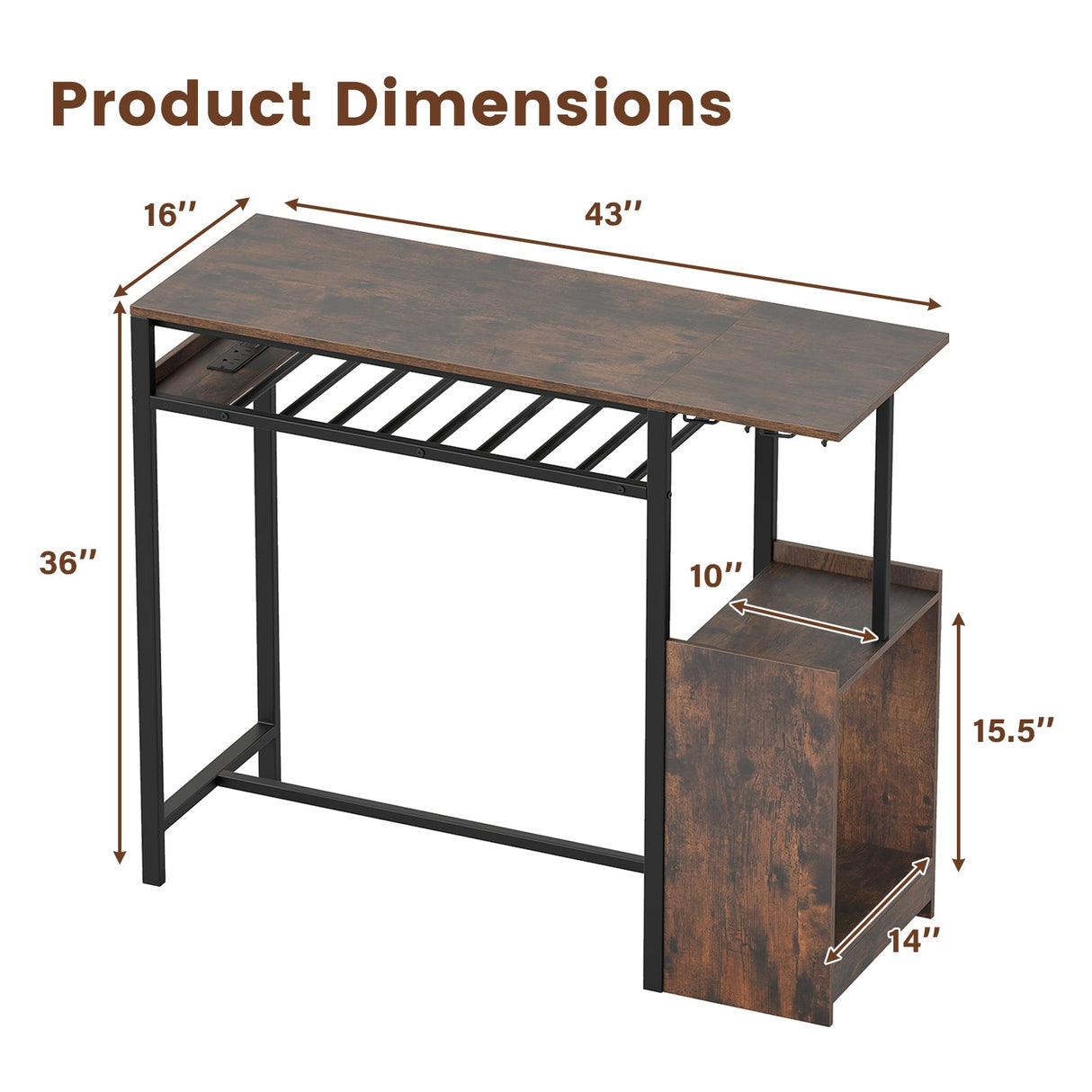 Mesa de bar rectangular con estación de carga y luz LED - Marrón rústico
