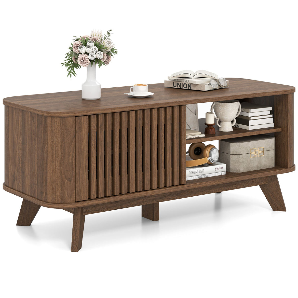 Mesa de centro rectangular con almacenamiento y estantes ajustables - Nogal