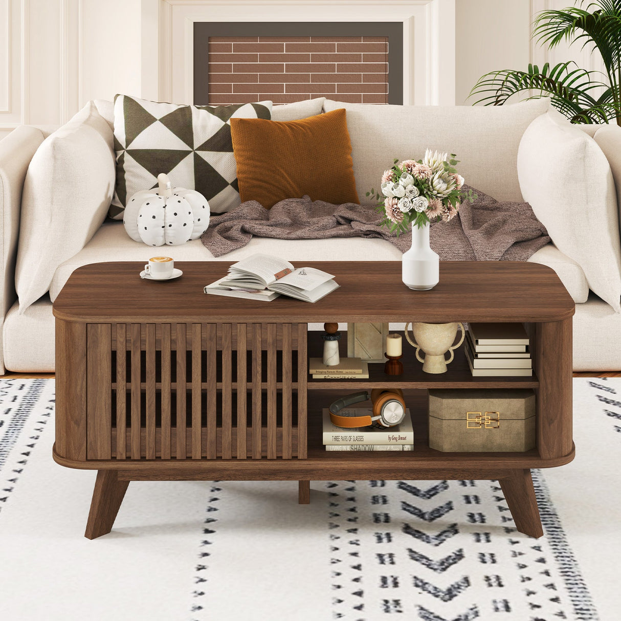Mesa de centro rectangular con almacenamiento y estantes ajustables - Nogal