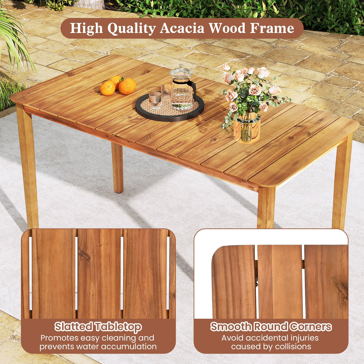 Mesa de comedor rectangular de acacia para exterior, para 4-6 personas