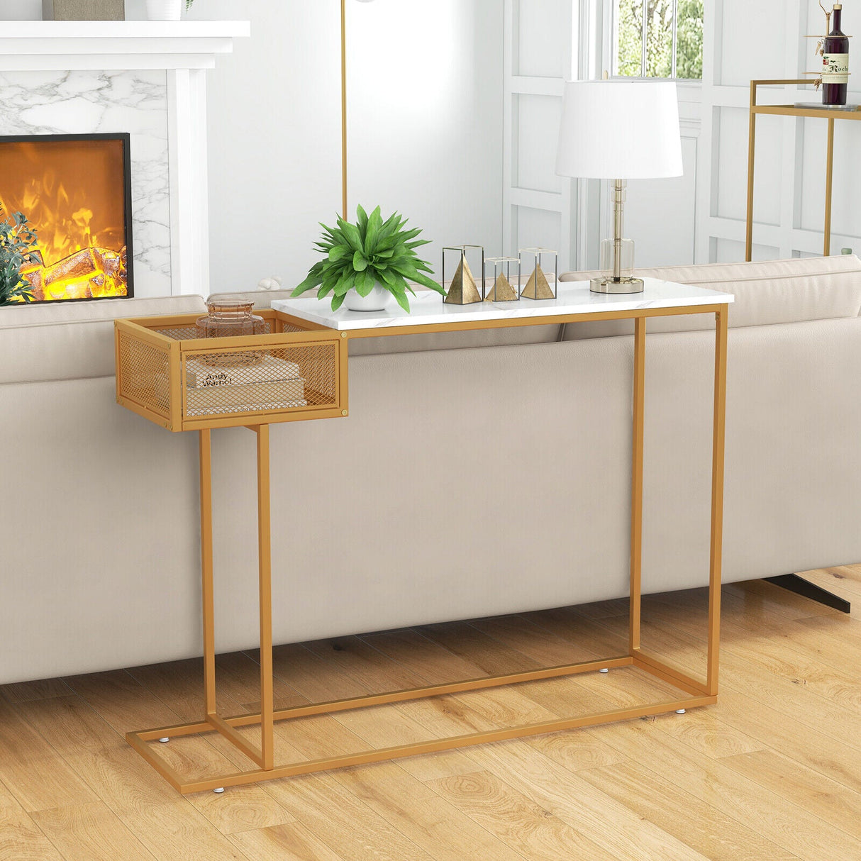 Mesa Consola Rectangular Blanca con Almacenamiento de Imitación Mármol-Dorada