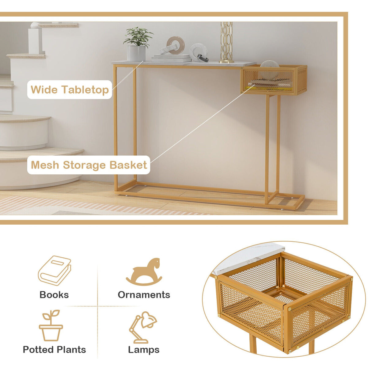 Mesa Consola Rectangular Blanca con Almacenamiento de Imitación Mármol-Dorada
