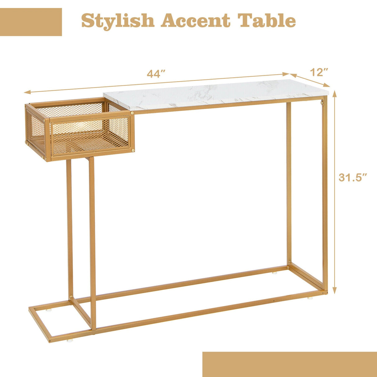 Mesa Consola Rectangular Blanca con Almacenamiento de Imitación Mármol-Dorada