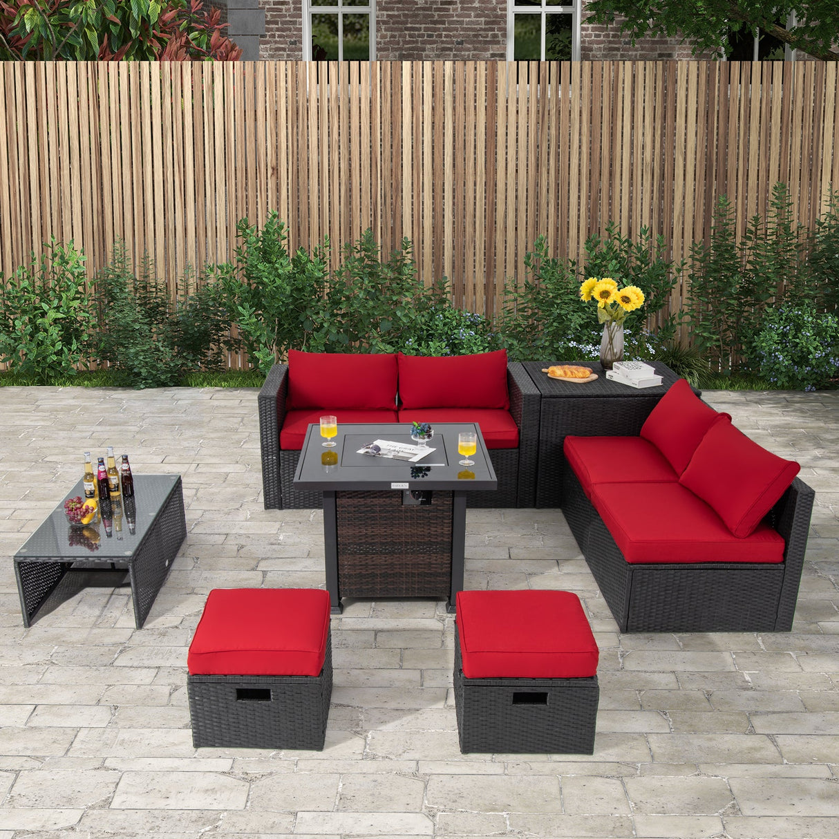 Juego de muebles de patio de 9 piezas con mesa de brasero de 32" y brasero de propano cuadrado de 50000 BTU