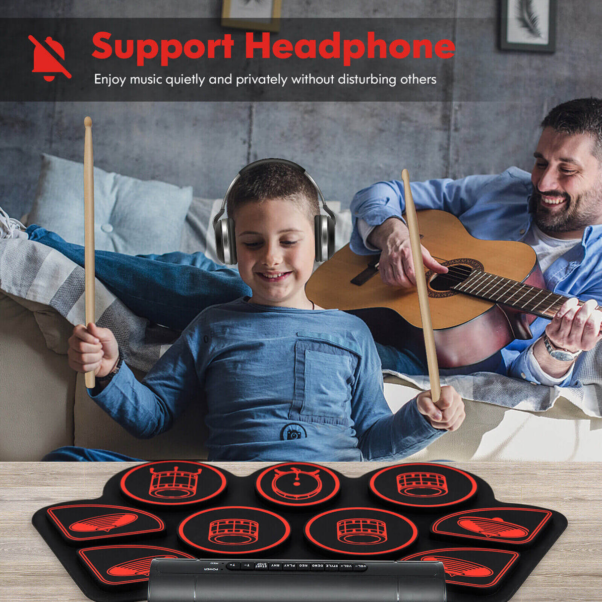 Batería electrónica con 2 altavoces estéreo incorporados para niños
