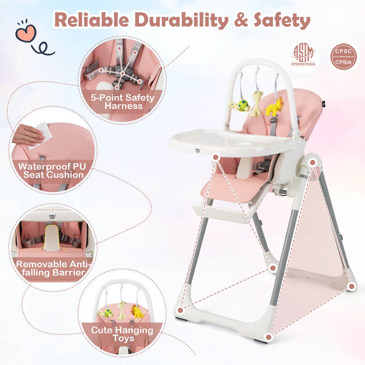 4-in-1 Foldable Baby High Chair with 7 Adjustable Heights and Free Toys Bar