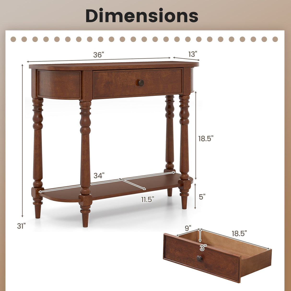 Mesa consola retro de 91 cm de largo, de madera, con 2 niveles, estrecha, para detrás del sofá o recibidor